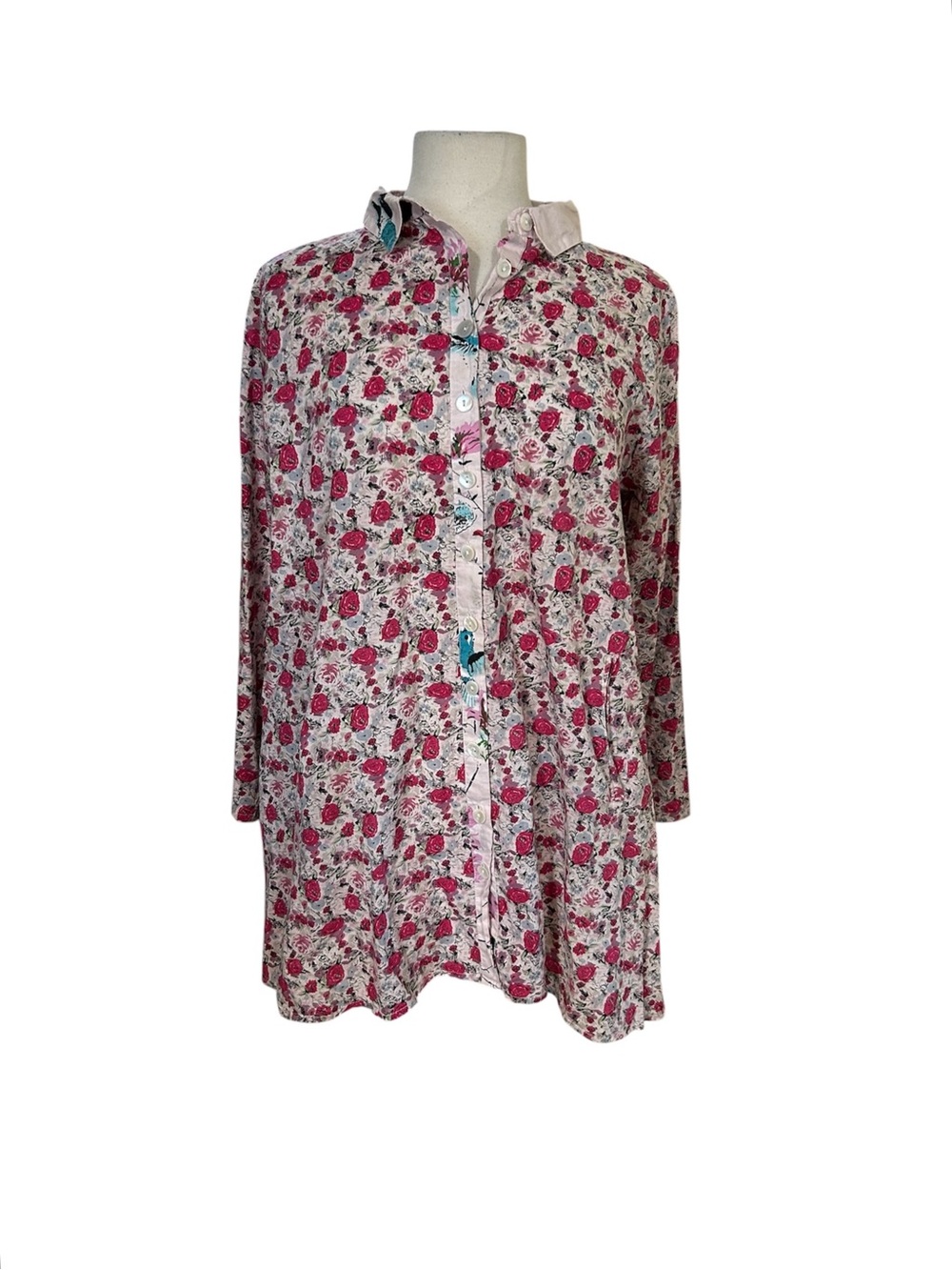 Tulip Clothing Tunic Shirt Dress Sz XS Pink Floral Bird Pockets Rose Relaxed Art